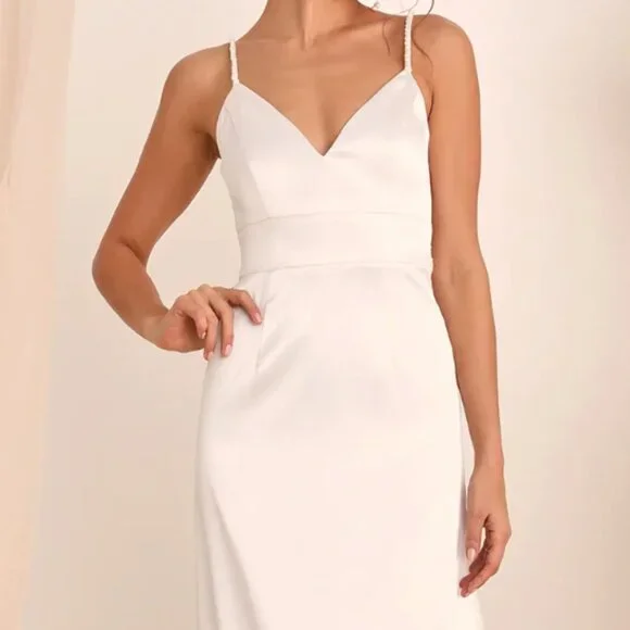 Ready For Forever White Satin Pearl Tie-Back Maxi Dress - Picture 1 of 4